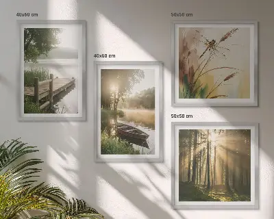 Conjunto de 4 quadros com moldura paisagem de lago com floresta, barco e neblina matinal