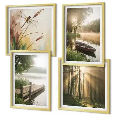 Conjunto de 4 quadros com moldura paisagem de lago com floresta, barco e neblina matinal