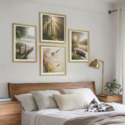 Conjunto de 4 quadros com moldura Lago, floresta, barco, neblina matinal
