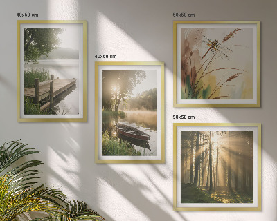 Conjunto de 4 quadros com moldura Lago, floresta, barco, neblina matinal