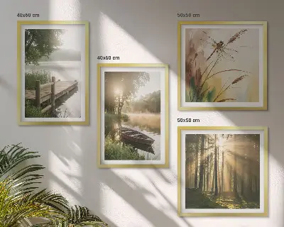 Conjunto de 4 quadros com moldura paisagem de lago com floresta, barco e neblina matinal