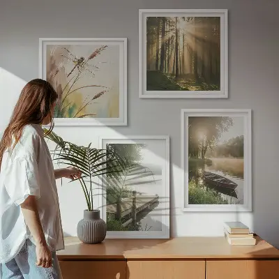 Conjunto de 4 quadros com moldura paisagem de lago com floresta, barco e neblina matinal
