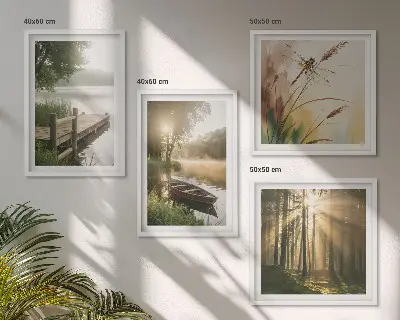 Conjunto de 4 quadros com moldura paisagem de lago com floresta, barco e neblina matinal