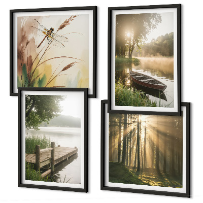 Conjunto de 4 quadros com moldura Lago, floresta, barco, neblina matinal