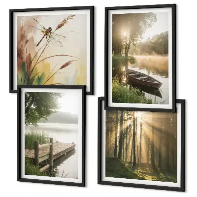 Conjunto de 4 quadros com moldura paisagem de lago com floresta, barco e neblina matinal