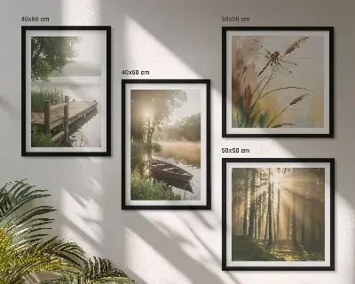 Conjunto de 4 quadros com moldura paisagem de lago com floresta, barco e neblina matinal
