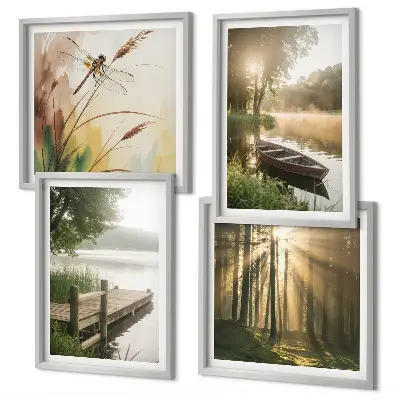 Conjunto de 4 quadros com moldura paisagem de lago com floresta, barco e neblina matinal