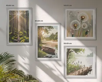 Políptico com moldura paisagem florestal e lago