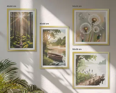 Políptico com moldura paisagem florestal e lago