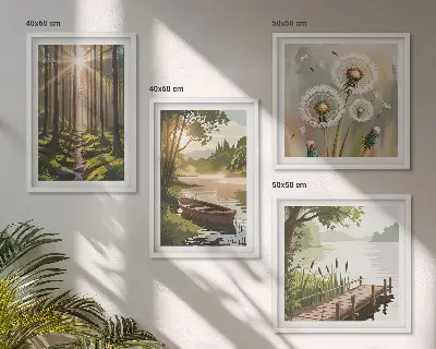 Políptico com moldura paisagem florestal e lago