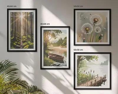 Políptico com moldura paisagem florestal e lago