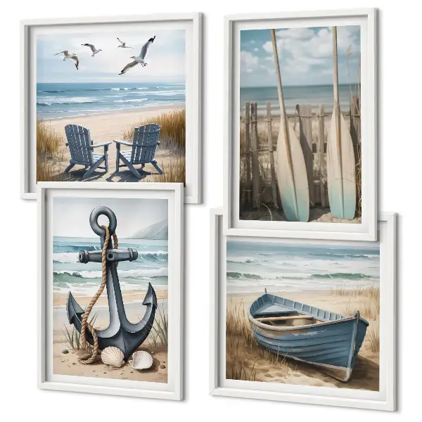 Composição de quadros com tema de âncora barco e remos na praia