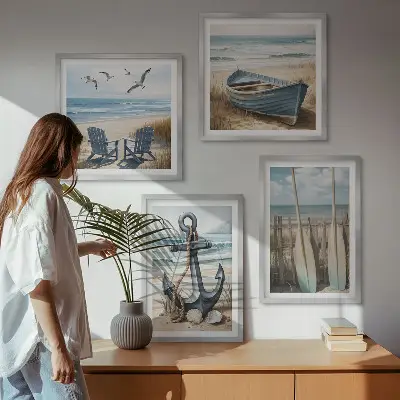 Composição de quadros com tema de âncora barco e remos na praia