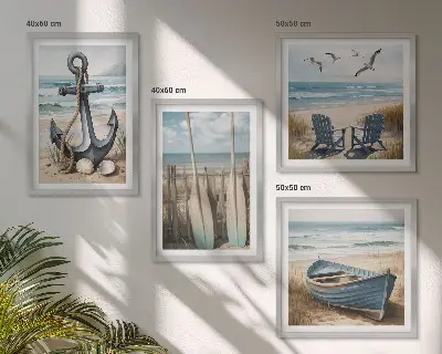 Composição de quadros com tema de âncora barco e remos na praia