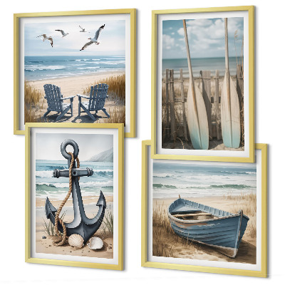 Composição de quadros âncora barco remos praia