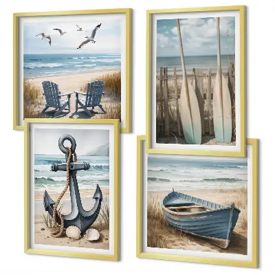 Composição de quadros com tema de âncora barco e remos na praia