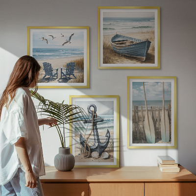 Composição de quadros âncora barco remos praia