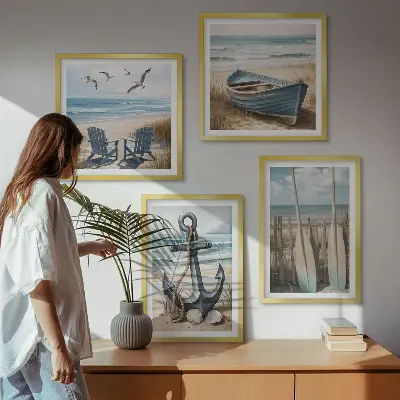 Composição de quadros com tema de âncora barco e remos na praia