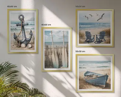 Composição de quadros com tema de âncora barco e remos na praia