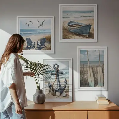 Composição de quadros com tema de âncora barco e remos na praia
