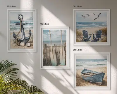 Composição de quadros com tema de âncora barco e remos na praia
