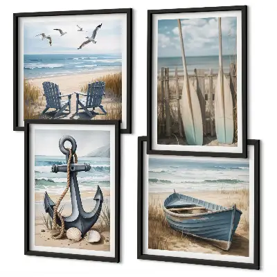 Composição de quadros com tema de âncora barco e remos na praia