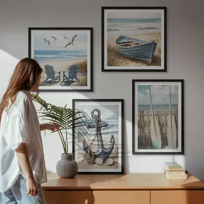 Composição de quadros com tema de âncora barco e remos na praia
