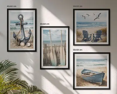 Composição de quadros com tema de âncora barco e remos na praia