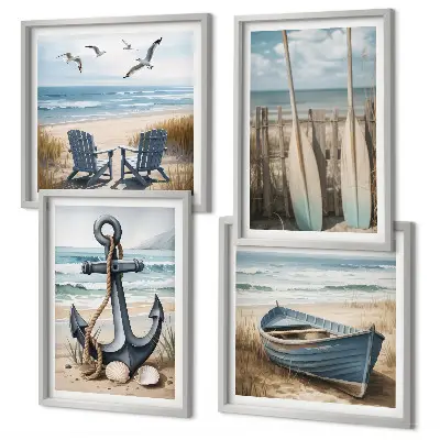 Composição de quadros com tema de âncora barco e remos na praia