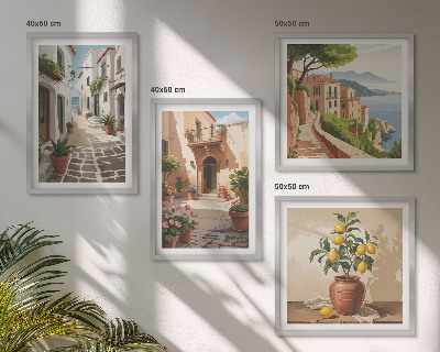 Políptico com moldura Ruas, casas, plantas, vasos