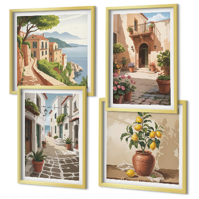 Políptico com moldura Ruas, casas, plantas, vasos