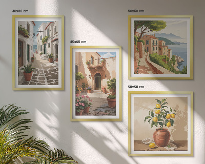 Políptico com moldura Ruas, casas, plantas, vasos