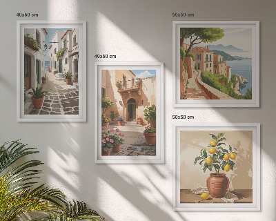 Políptico com moldura Ruas, casas, plantas, vasos