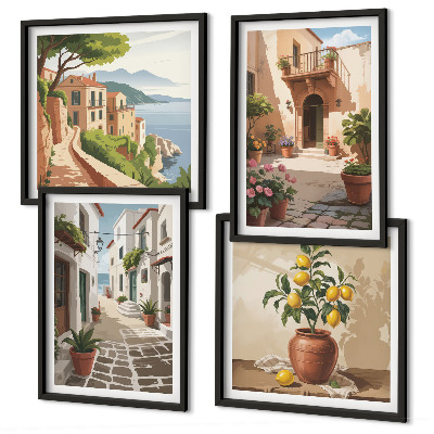 Políptico com moldura Ruas, casas, plantas, vasos