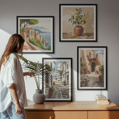 Políptico com moldura Ruas, casas, plantas, vasos