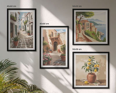Políptico com moldura Ruas, casas, plantas, vasos