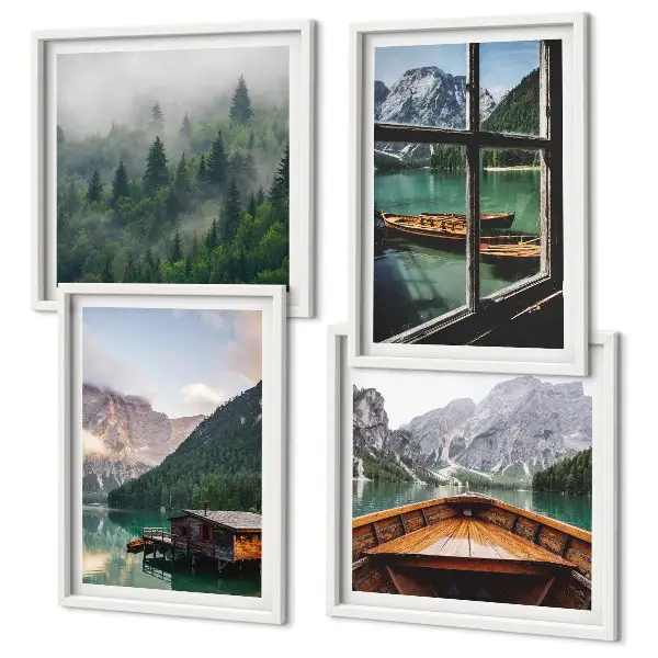 Composição de quadros casas de campo no lago de montanha