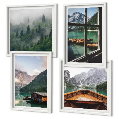 Composição de quadros casas de campo no lago de montanha