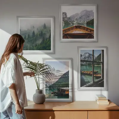 Composição de quadros casas de campo no lago de montanha