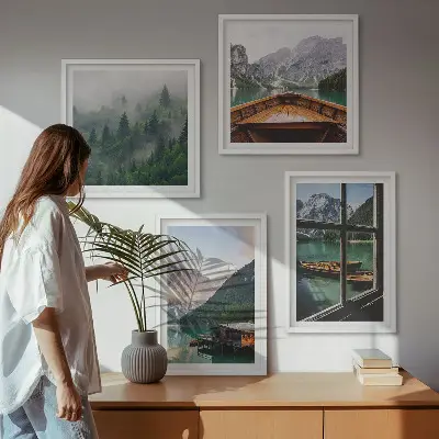 Composição de quadros casas de campo no lago de montanha