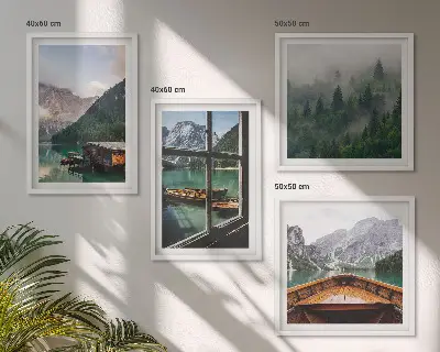 Composição de quadros casas de campo no lago de montanha