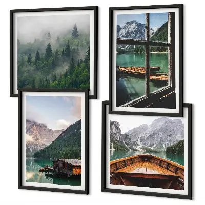 Composição de quadros casas de campo no lago de montanha