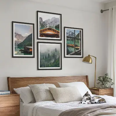 Composição de quadros casas de campo no lago de montanha
