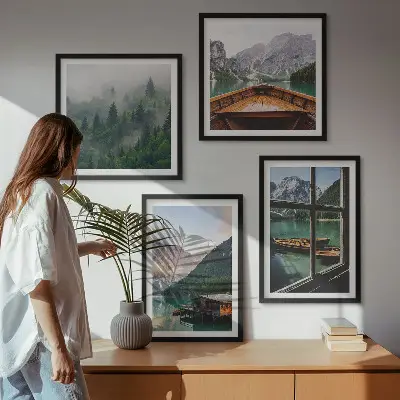 Composição de quadros casas de campo no lago de montanha