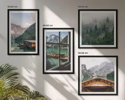 Composição de quadros casas de campo no lago de montanha