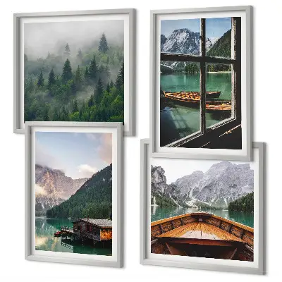 Composição de quadros casas de campo no lago de montanha