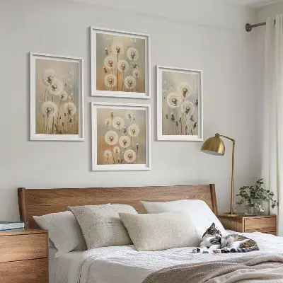 Conjunto de 4 quadros com moldura dentes-de-leão brancos sobre fundo claro