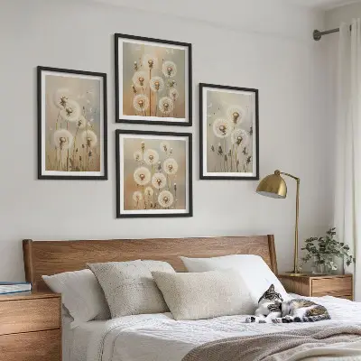 Conjunto de 4 quadros com moldura dentes-de-leão brancos sobre fundo claro