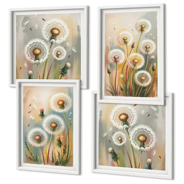 Composição de quadros com flores de dente-de-leão e gramíneas em tons pastel