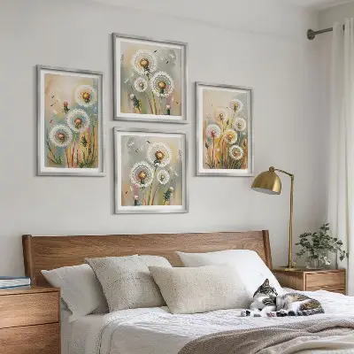 Composição de quadros com flores de dente-de-leão e gramíneas em tons pastel